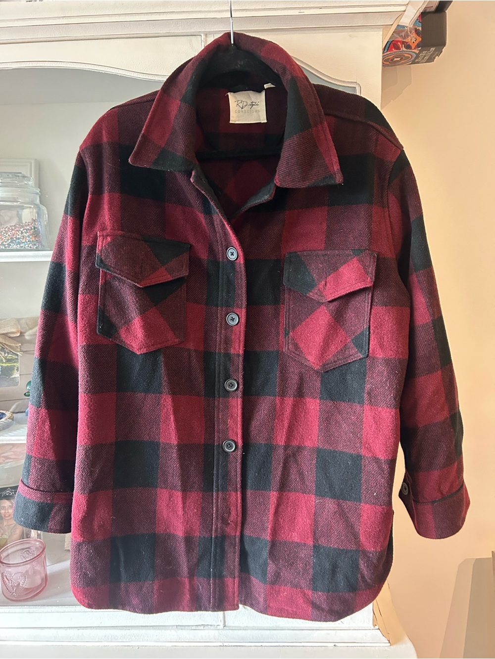 RD Style Cozy Red & Black Plaid Button-Up Jacket